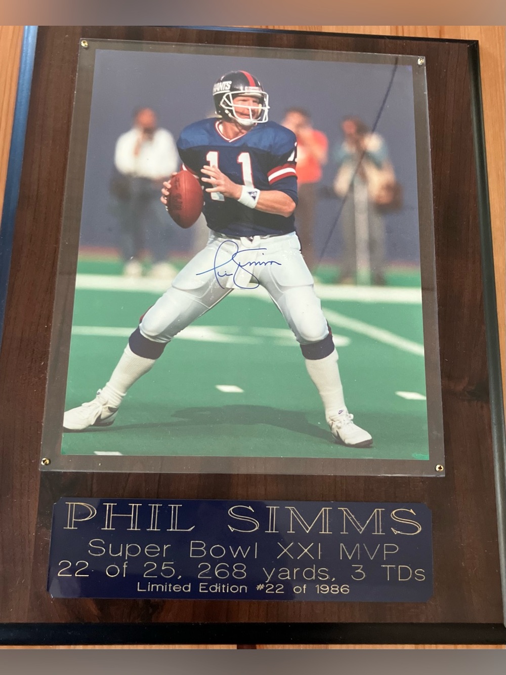 Phil Simms Signed Framed/Wood mounted Football Photo - replica signature